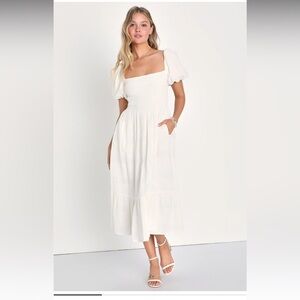 Lulus Budding Charm White Smocked Puff Sleeve Midi Dress With Pockets